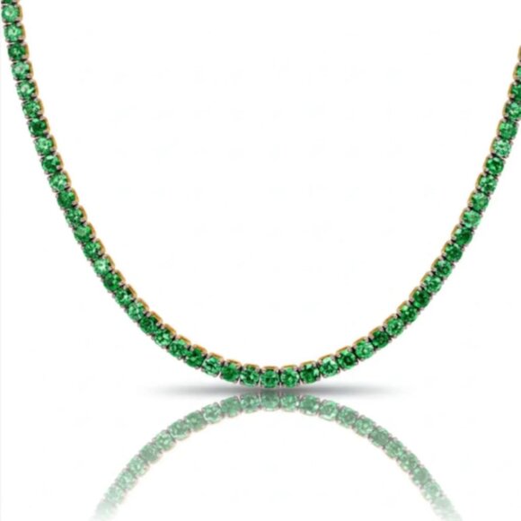 Beautiful Emerald Green Gemstone 18K Gold Plated Tennis Necklace 16" or 18" - Picture 2 of 5